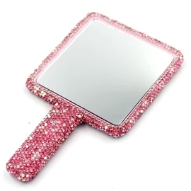 Bestbling - Espejo de mano con diamantes de imitación deslumbrantes, perfecto para maquillaje y decoración, regalo ideal para mujeres y niñas (rosa cuadrado)