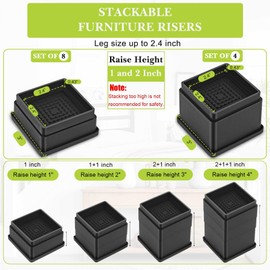 4 Pack Furniture Risers 4 Inch, Adjustable Bed Risers Heavy Duty For Table Desk Couch Chair Sofa Cabinet Bed Frame Dorm, Square Stackable Table Leg Risers Lift Height 1", 2” , 3” or 4", Black