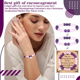 Blosssound 12 Pcs Teacher Appreciation Bracelets Bulk Thank You Gifts Inspirational Cards for Mother's Day Nurse CNA Week(Pink and Purple)