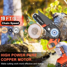 Hongmai Mini Chainsaw, 4 Inch Cordless Handheld Electric Chainsaw for Tree Branches, Wood Cutting, and Garden Work, Portable Pruning Saw with 1 Battery and 1 Extra Chain for Household and Outdoor Use