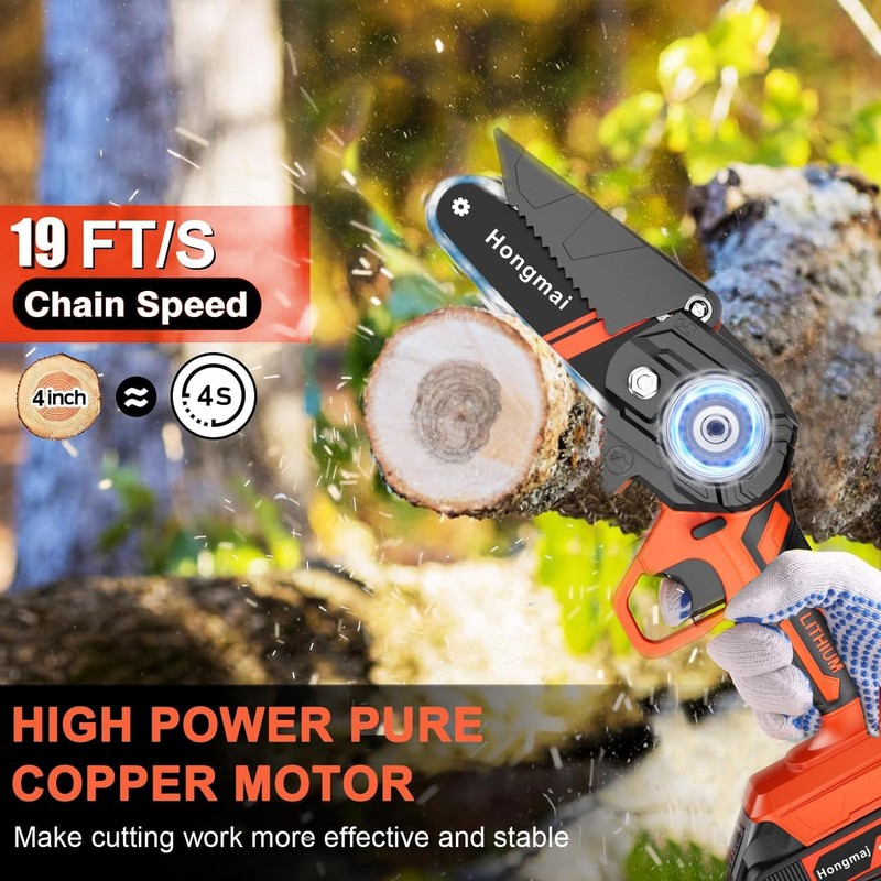 Hongmai Mini Chainsaw, 4 Inch Cordless Handheld Electric Chainsaw for