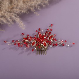 Teyglen Red Pearl Crystal Wedding Hair Comb Bridal Rhinestone Headpiece for Bride Side Hair Comb Wedding Hair Accessories for Women Party Prom Wedding Head Piece(Red)