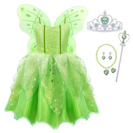 Axaxa Tinkerbell Dress (Fairy Costume, Children + Butterfly Wings), 7-Piece Set, Tinkbell Fairy Girl, Princess Dress, Costume, Children's Cosplay, Flower Fairy, Spirit, Butterfly Fairy Costume, Kids