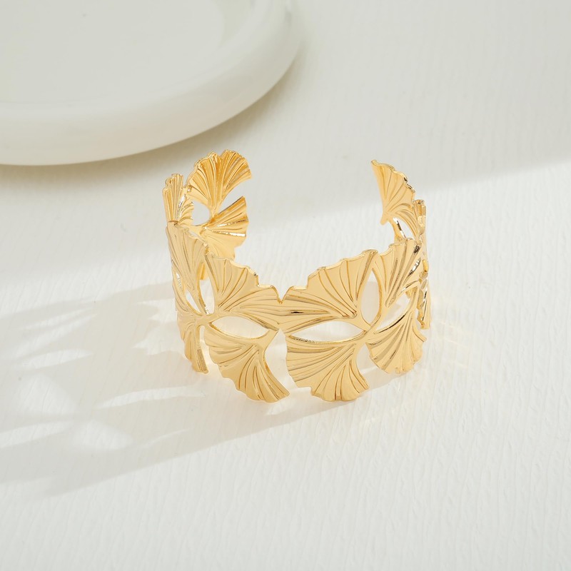 HUAYUNFANG Gold Chunky Cuff Bangle Bracelet For Women Ginkgo Leaf