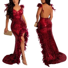 Women's Feather Spaghetti Strap Prom Dresses Sequin Mermaid V Neck Long Slit Sparkly Party Dress L Wine Red