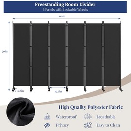Kokorona 6 Panel Room Divider, 6FT Tall Rolling Privacy Screen with Lockable Wheels, Folding Wall Dividers Portable Room Divider for Room Separation, Included - Cover Strips, Black, 119''W x 70''H