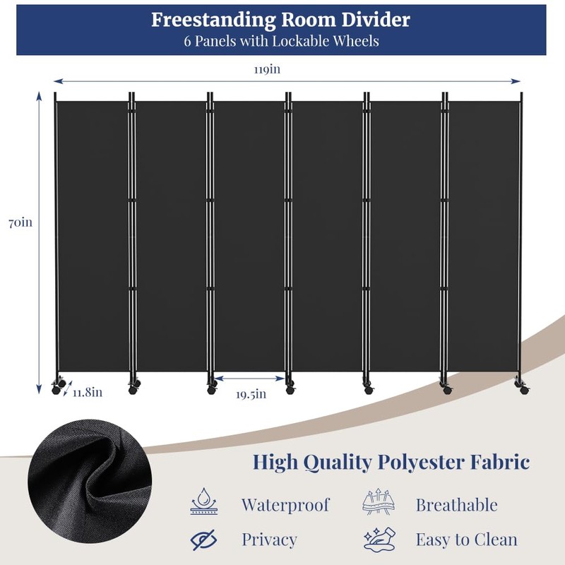 Kokorona 6 Panel Room Divider, 6FT Tall Rolling Privacy Screen