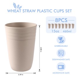 HOTEC 8-Pack 15oz Plastic Cups, BPA-Free Reusable Drinking Cup set, Unbreakable Tumblers, Dishwasher Safe Water Plastic Glasses, Khaki
