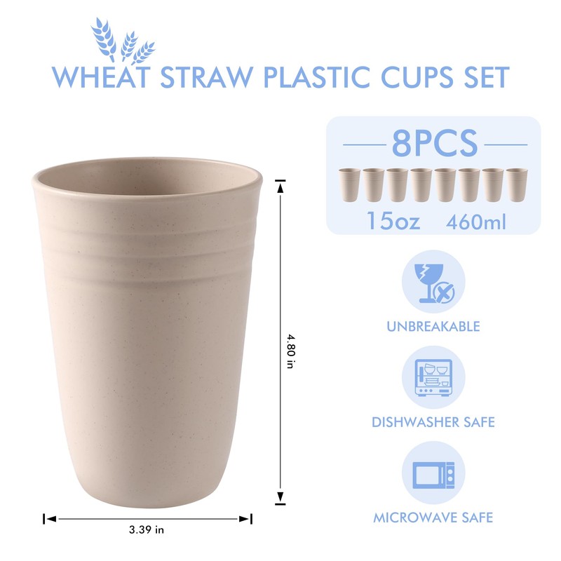 HOTEC 8-Pack 15oz Plastic Cups, BPA-Free Reusable Drinking Cup set,