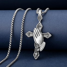 Rihavott Praying Hands Cross Necklace, Titanium steel Christian Bible Prayer Cross Pendant Necklace, Amulet Faith Jewelry Gift for Women Men