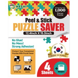 HASHI Puzzle Saver 4 Sheets (12.4 x 15.3 Inches) with 4 Hangers, Preserve 1 x 1000 Piece Puzzle, Jigsaw Puzzle Glue Sheets, Easy Peel & Stick, No Mess, Puzzle Backing Adhesive Sheets