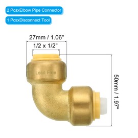PATIKIL 1/2 Inch 90 Degree Elbow Brass Push Fitting, 2 Pack Brass Quick Connect Fittings Elbow Push to Connect Tube Fitting for PEX PVC PE, Brass Color