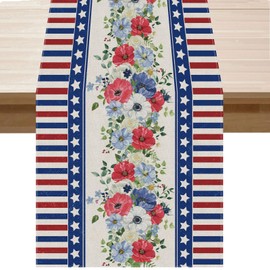 BOTB LIHM 4th of July Table Runner Stripe Flowers Memorial Day Independence Day Stars Patriotic America Table Decoration Home Kitchen Dining Indoor Holiday Farmhouse Decor 13x108 Inch