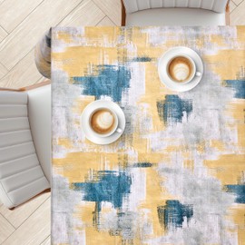 KP HOME Grey PVC Tablecloth Wipeable Table Cloth Wipe Clean with Navy Yellow Abstract Brushstroke - Square 55.1"x 55.1" - 140x140 cm Waterproof Plastic Table Cover with Cement Look Vinyl Oil cloth