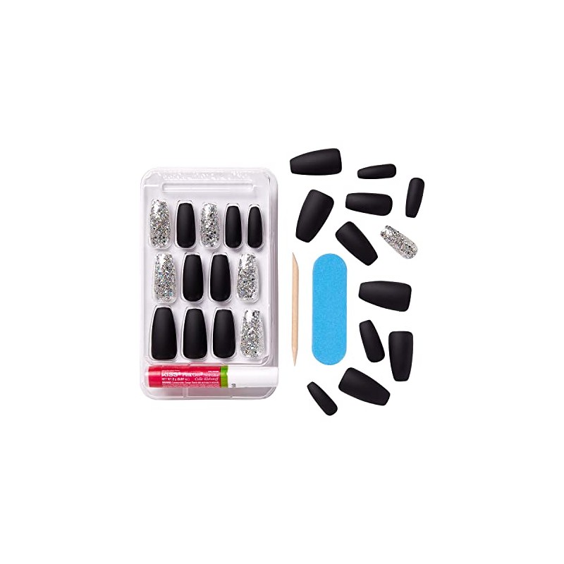 Kiss Gel Fantasy Collection 24 Count Black/Sparkle Long Length