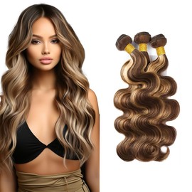 Biliisyff Brown Human Hair Bundles P4/613 Body Wave Human Hair Blonde Body Wave Brazilian Two Tone Brown and Blonde Bundles Human Hair Extensions for Black Women 22 24 26 Inch