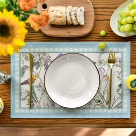 Artoid Mode Blue Birds Flowers Blossom Placemats Set of 4, 12x18 Inch Table Mats for Table Runner Party Kitchen Dining Decoration