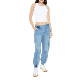 Forever 21 Women's Mid-Rise Cargo Joggers, Medium Denim, Small