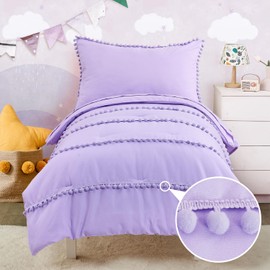 DECMAY Lavender Toddler Comforter Set for Girls Baby Purple Crib Bedding Set with 6 Pom Pom Fringes 4 Pieces Pink Comforter with Fitted Sheet, Flat Sheet, Pillowcase