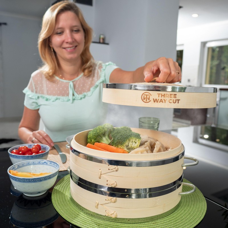 2-tier 10" Bamboo Steamer with Reinforcement & Handle, Reusable Silicone