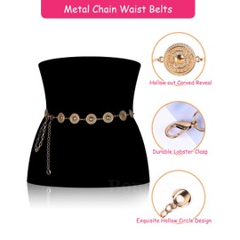 Boneke Hollow Round Decor Chain Belts for Women Adjustable Decorated Skinny Metal Waist Chain Belt for Parties and Various occasions