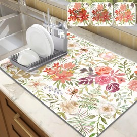 LOKHOM Dish Drying Mat for Kitchen Counter, 18"x24" Absorbent Coffee Bar Mat with Pink Roses Petals , Dish Drainer Rack Mats for Kitchen Counter Coffee Maker Coffee Pot Dining Room Decoration