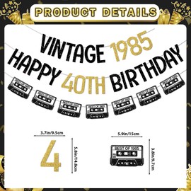 40th Birthday Decorations for Men, Vintage 1985 Happy 40th Birthday Banner Black Gold with Garland Hanging Swirls, Cheers to 40 Years Party Decor Sign