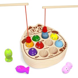 edutree Montessori Wooden Magnetic Fishing Game for Toddlers 2-4, Cat Fishing Color Sorting Sensory Preschool Educational Learning Fine Motor Skills Toys for 2 3 4 Years Old Boys Girls