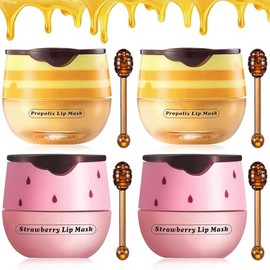 4 piezas de tarro de miel de labios de fresa y abeja, mascarilla labial de propóleo con vitamina E e hidratante para dormir, reduce eficazmente las líneas de los labios, previene la sequedad y las