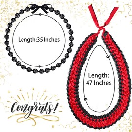 Junkin 2 Pcs Graduation Leis Class of 2025 Kukui Nut Leis Beads Necklaces Ribbon Hawaiian Necklace for Graduation Gift(Black, Red)