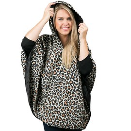 Fashion Culture Reversible Travel Rain Poncho with Hood and Built-In Pouch – Water Repellent Poncho Leopard/Black