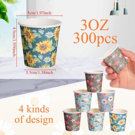 Sawysine 300 Count 3 oz Disposable Small Paper Cups for Bathroom, Mouthwash, Coffee & More Mini Cups for Supermarket, Birthday Party, Travel, Picnic & BBQ(Flower Style)