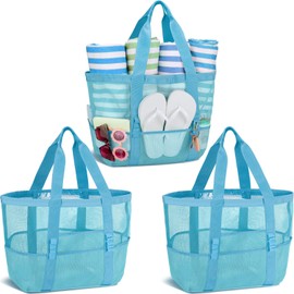 Hillban Large Mesh Tote Beach Bag Waterproof Lightweight Summer for Pool Vacation Travel Market Camping Outdoor Sports(Sky Blue,3 Pcs)