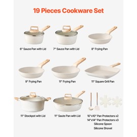 VEVOR 19 Piece Pots and Pans Set Nonstick, Granite Cookware Set, Induction Cookwares, Kitchen RV Cooking Sets with Frying, Sauce, Saute, Tempered Glass Lids, and Pan Protectors, White