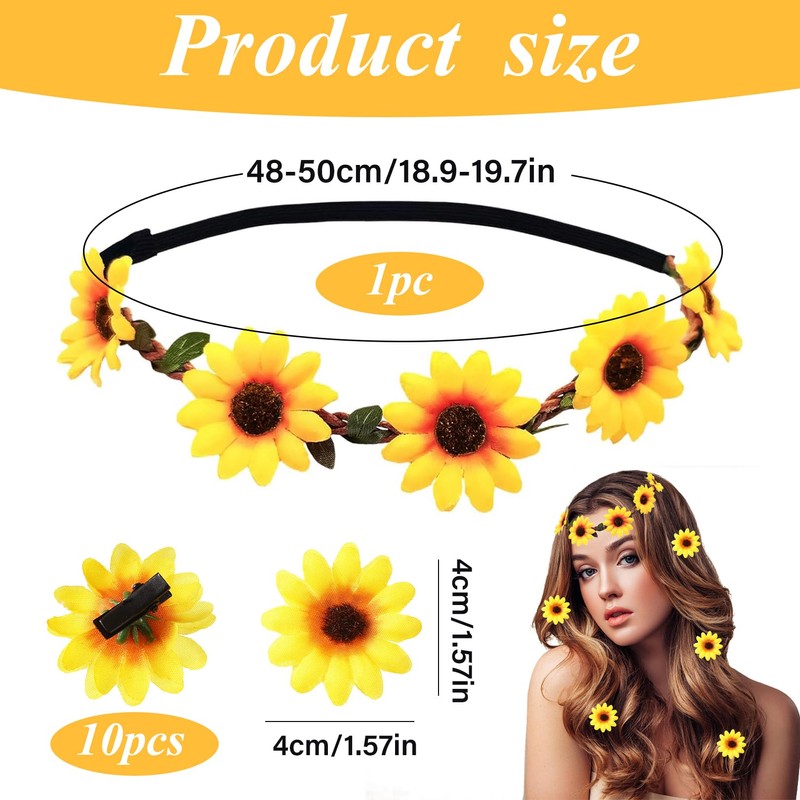 Pack of 11 Sunflower Headband, Sunflower Hair Clips, Flower Hair