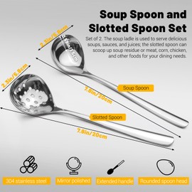 Realand 2Pcs Small Ladle and Slotted Spoon, Heavy Duty 304 Stainless Steel Gravy Ladle Mini Soup Ladles for Serving, Skimmer Strainer Ladle Spoon with Holes, Silver