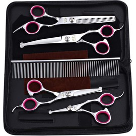 Dog Grooming Kit with Round Tip, Set of 5 Cat Dog Grooming Scissors, Stainless Steel Pet Grooming Shears for Full Body, Face, Nose, Ear and Paw (pink)