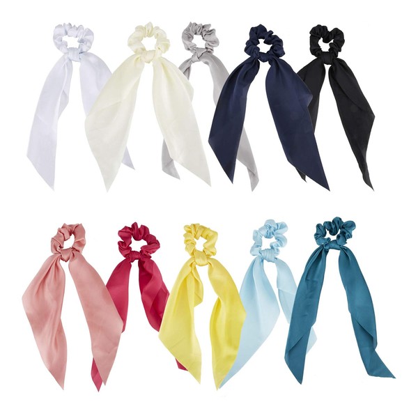 Lawie 10 Pack Colorful Solid Satin Long Hair Ribbons Knotted Hair Bows Long Tails Scrunchies Scarf Hair Ties Headbands Elastics Rubber Hairbands Scrunchie Ponytail Holders Accessories for Women Girls