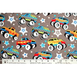 Snuggle Flannel BTY*FACE MASKS*MONSTER TRUCKS*STARS ON DK GREY 100% COTTON FLANNEL FABRIC 42x36"