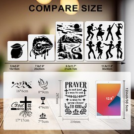 MAYJOYDIY 4 PCS Christian Bible Verse Stencils Religion Faith Reusable Painting Stencils Mountains Crucifixion Drawing Templates with Paint Brush for Wood Furniture Wall Canvas DIY Scrapbook Album