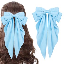 Hair Bows for Women,Light Blue Silky Satin Hair Bow with Oversized Long Tail Large Hair Ribbons Barrettes Metal Clips Hair Accessories for Girls Party (Light blue)