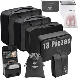 13 Piezas Traje de Viaje,Organizador de Viaje,Maletero,Traje de Recogida,Ropa,ArtíCulos de Aseo,Zapatos,Etc. Organizadores(Negro)