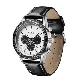 BUREI Men Black Watch Leather Watches for Men Multifunction Chronograph Watch Fashion Waterproof Watch Business Casual Men's Watch Analog Quartz Watch
