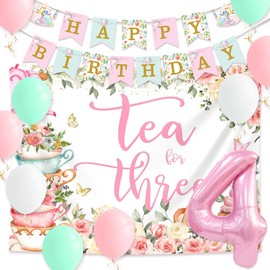 LaVenty Time Four Tea Party Decorations Tea Party Decorations Party Four 4 Balloons Party Birthday Decorations Party Banner for 4 Years Old