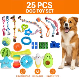Tail Twist Dog Toys Bundle - 25 Pack Teething Toys, Cute Squeaky Plush Toys, Tough Rope Toys Set Indestructible Kit, Treat Ball & Rubber Toys, Chew Toys for Dogs, Pet Toys