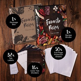 CraftSaints Recipe Binder 8.5x11, 3 Ring DIY Cookbook Kit 12 Dividers & 25 Plastic Sleeves & 25 Recipe Pages & 36 Labels, Recipe Books Binder, Recipe Organizer Binder Kit, Recipe Book (BBQ)