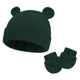 UTTPLL Newborn-Mittens-Hospital-Beanie-Scratch Gloves Set Toddler Bear Infant Caps Baby Girls Boys Cotton Nursery Beanies Autumn Winter A Dark Green 0-6 Months