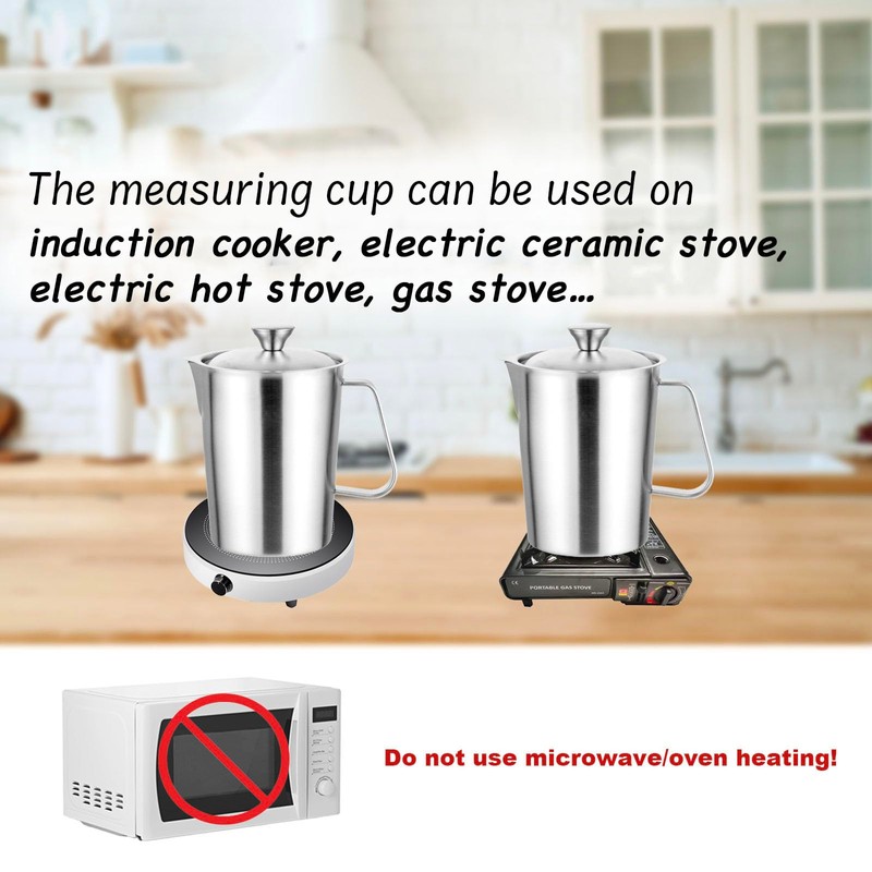 2L Measuring Cup, 304 Stainless Steel Pitcher with Lid, Liter/Oz