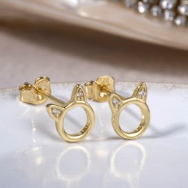 Cat Stud Earrings Sterling Silver Tiny Small Cute cat Earrings Cubic Zirconia Earrings for Women (Gold)