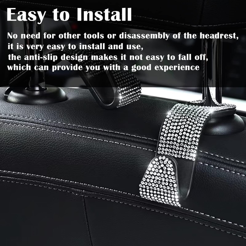 OSIFIT 2PCS Car Seat Hooks, Bling Rhinestone Headrest Hooks, Universal